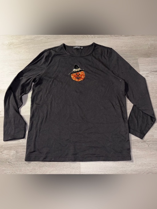 Designers Originals Tops - Designers Originals Black Long Sleeve Tee with Sequin Witch Pumpkin